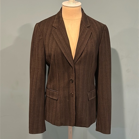 Elie Tahari Brown Pinstripe 3-Button Faux Leather Elbow Patch Wool Blazer sz 8 - Picture 1 of 16